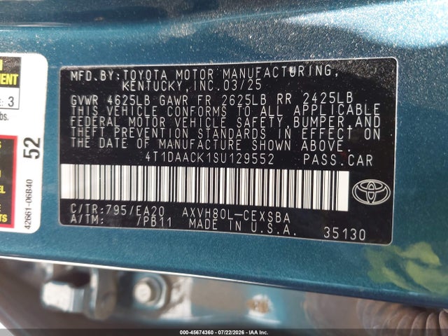 2025 Toyota Camry Se მანქანა იყიდება აუქციონზე, vin: 4T1DAACK1SU129552, აუქციონის ნომერი: 45674360