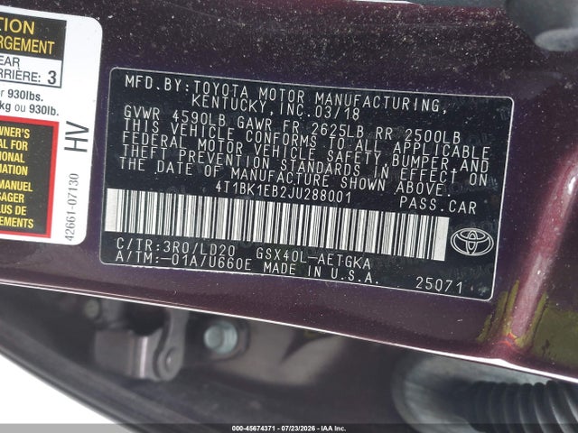 45674371 :رقم المزاد ، 4T1BK1EB2JU288001 vin ، 2018 Toyota Avalon Xle مزاد بيع