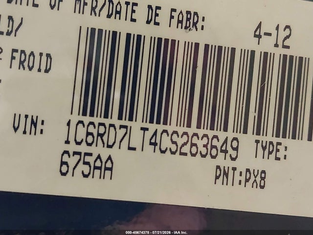 45674378 :رقم المزاد ، 1C6RD7LT4CS263649 vin ، 2012 Ram 1500 Big Horn مزاد بيع