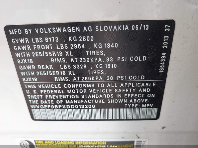 Продажа на аукционе авто 2013 Volkswagen Touareg Vr6 Sport, vin: WVGEF9BPXDD013206, номер лота: 45674383