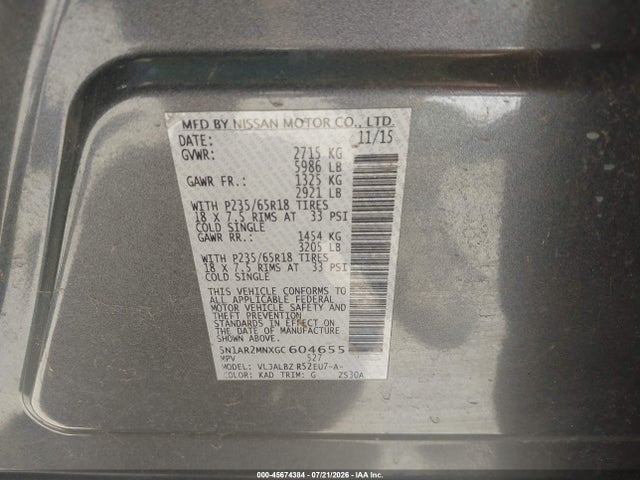 2016 Nissan Pathfinder S მანქანა იყიდება აუქციონზე, vin: 5N1AR2MNXGC604655, აუქციონის ნომერი: 45674384
