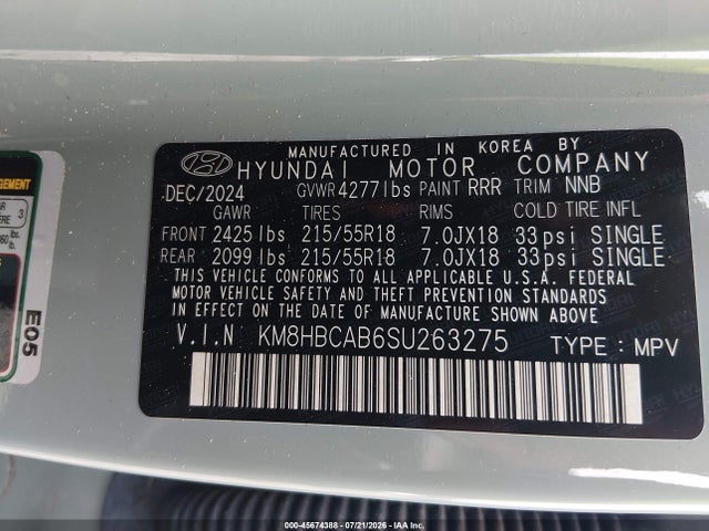 Aukcja sprzedaży 2025 Hyundai Kona Sel, vin: KM8HBCAB6SU263275, numer aukcji: 45674388
