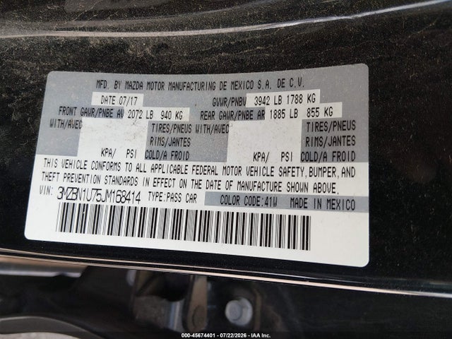 2018 Mazda Mazda3 Sport მანქანა იყიდება აუქციონზე, vin: 3MZBN1U75JM168414, აუქციონის ნომერი: 45674401