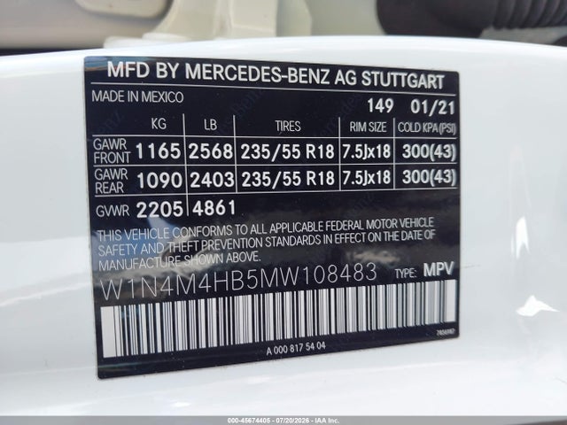 45674405 :رقم المزاد ، W1N4M4HB5MW108483 vin ، 2021 Mercedes-benz Glb 250 4matic مزاد بيع