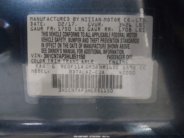 45674408 :رقم المزاد ، 3N1CN7AP3HL851150 vin ، 2017 Nissan Versa 1.6 S+ مزاد بيع