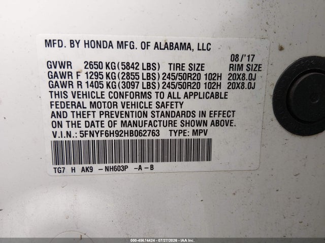 Honda Pilot Touring 2017 5FNYF6H92HB062763 Image 9