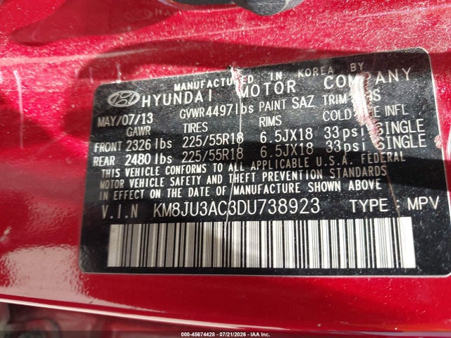 45674428 :رقم المزاد ، KM8JU3AC3DU738923 vin ، 2013 Hyundai Tucson Limited مزاد بيع