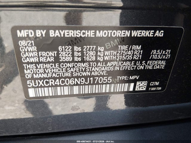 Продаж на аукціоні авто 2022 Bmw X5 Sdrive40i, vin: 5UXCR4C06N9J17055, номер лоту: 45674431