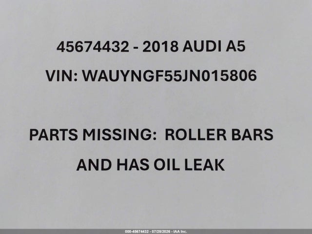 2018 Audi A5 2.0t Premium მანქანა იყიდება აუქციონზე, vin: WAUYNGF55JN015806, აუქციონის ნომერი: 45674432