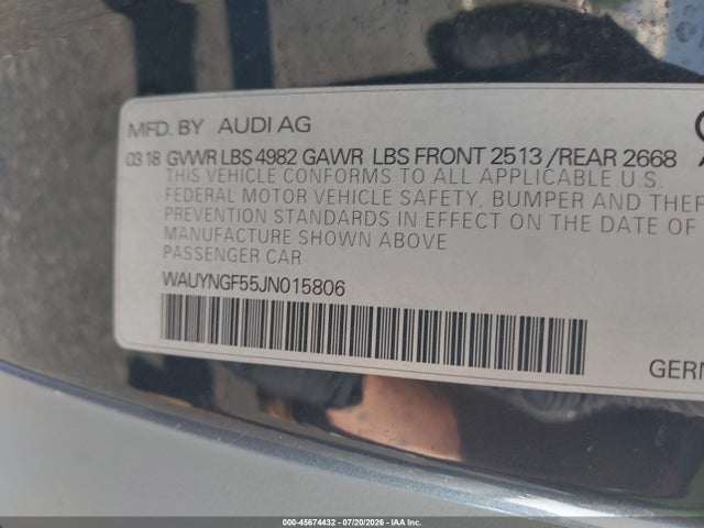 2018 Audi A5 2.0t Premium მანქანა იყიდება აუქციონზე, vin: WAUYNGF55JN015806, აუქციონის ნომერი: 45674432