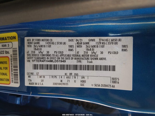 Продаж на аукціоні авто 2021 Ford Ranger Xl, vin: 1FTER4FH4MLD51949, номер лоту: 45674433