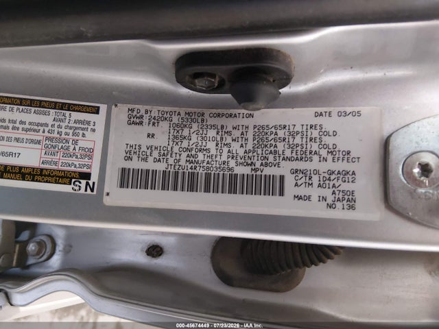 Aukcja sprzedaży 2005 Toyota 4runner Sr5 V6, vin: JTEZU14R758035696, numer aukcji: 45674449