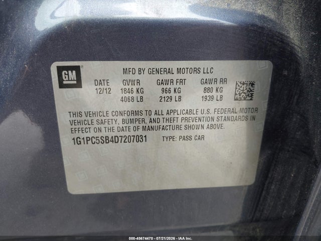 Aukcja sprzedaży 2013 Chevrolet Cruze 1lt Auto, vin: 1G1PC5SB4D7207031, numer aukcji: 45674470