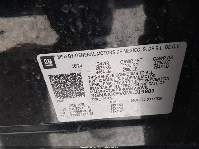 45674479 :رقم المزاد ، 3GNAXKEV0ML319883 vin ، 2021 Chevrolet Equinox Fwd Lt مزاد بيع