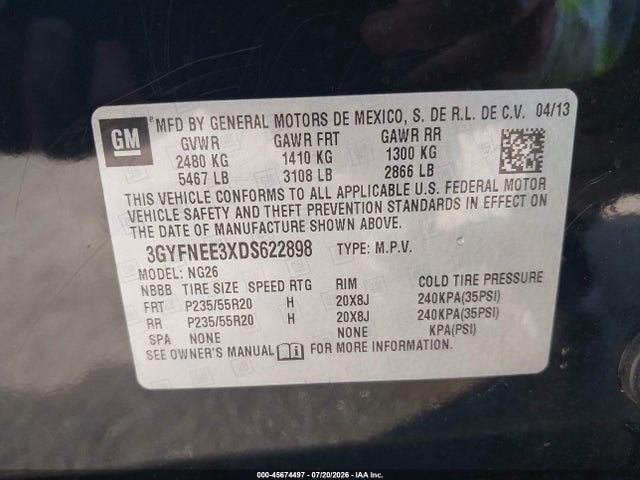 45674497 :رقم المزاد ، 3GYFNEE3XDS622898 vin ، 2013 Cadillac Srx Premium Collection مزاد بيع