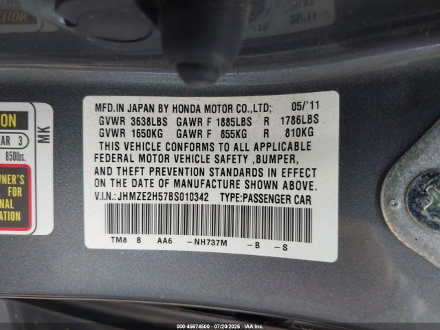 45674500 :رقم المزاد ، JHMZE2H57BS010342 vin ، 2011 Honda Insight Lx مزاد بيع