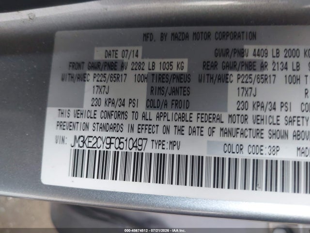Aukcja sprzedaży 2015 Mazda Cx-5 Touring, vin: JM3KE2CY9F0510497, numer aukcji: 45674512