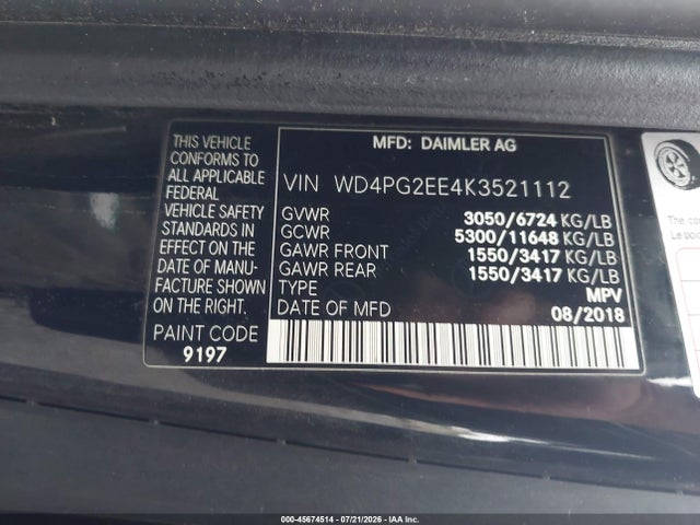 Aukcja sprzedaży 2019 Mercedes-benz Metris, vin: WD4PG2EE4K3521112, numer aukcji: 45674514