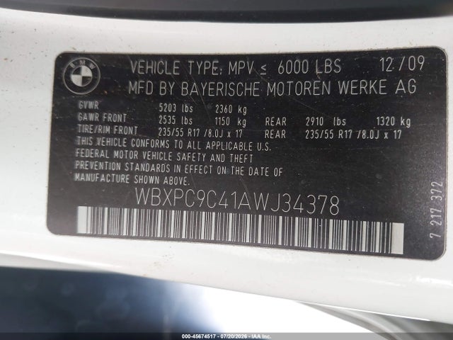 45674517 :رقم المزاد ، WBXPC9C41AWJ34378 vin ، 2010 Bmw X3 Xdrive30i مزاد بيع