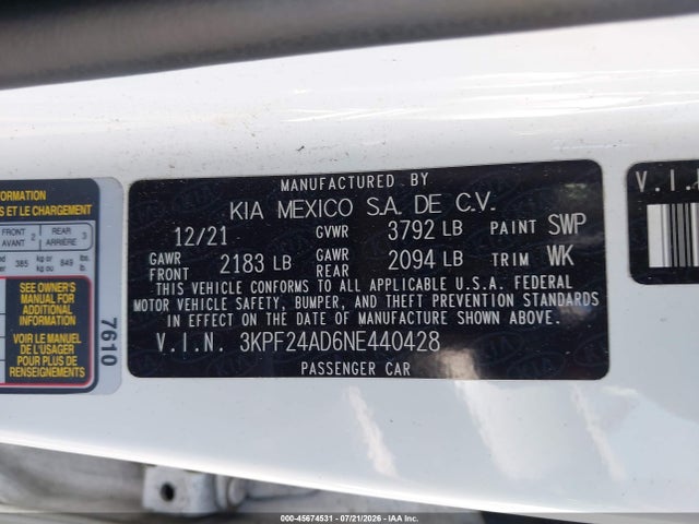 Продаж на аукціоні авто 2022 Kia Forte Lxs, vin: 3KPF24AD6NE440428, номер лоту: 45674531