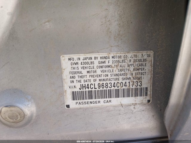 Auction sale of the 2004 Acura Tsx, vin: JH4CL96834C041733, lot number: 45674534
