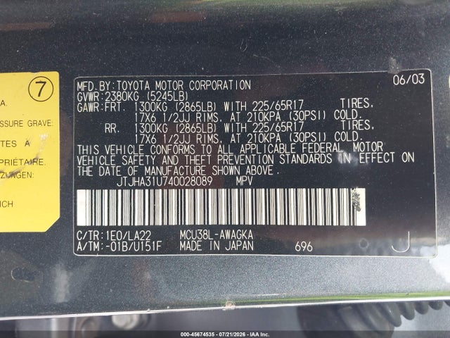 Продаж на аукціоні авто 2004 Lexus Rx 330, vin: JTJHA31U740028089, номер лоту: 45674535