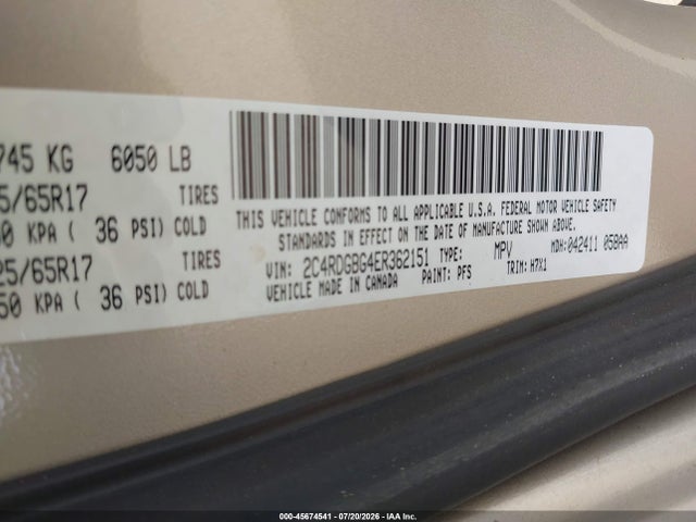 45674541 :رقم المزاد ، 2C4RDGBG4ER362151 vin ، 2014 Dodge Grand Caravan Se مزاد بيع