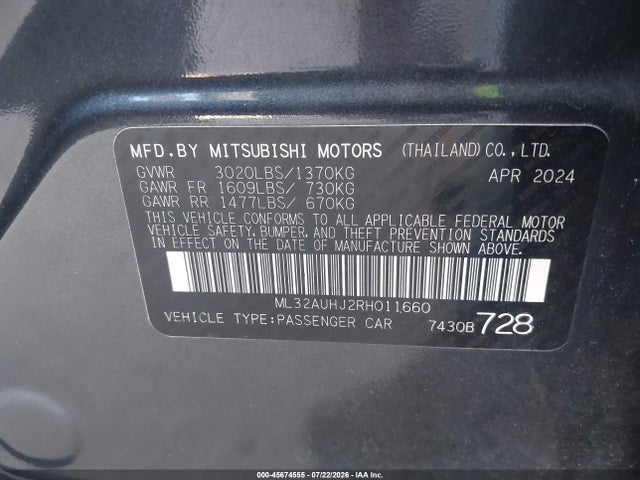 45674555 :رقم المزاد ، ML32AUHJ2RH011660 vin ، 2024 Mitsubishi Mirage Es/le مزاد بيع
