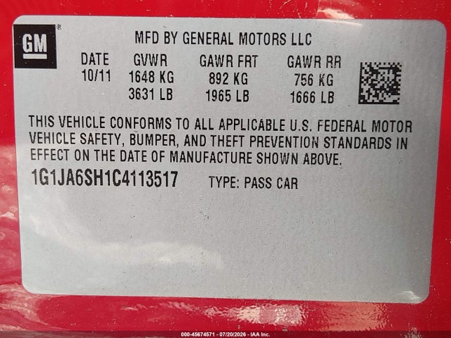 Aukcja sprzedaży 2012 Chevrolet Sonic 2ls, vin: 1G1JA6SH1C4113517, numer aukcji: 45674571