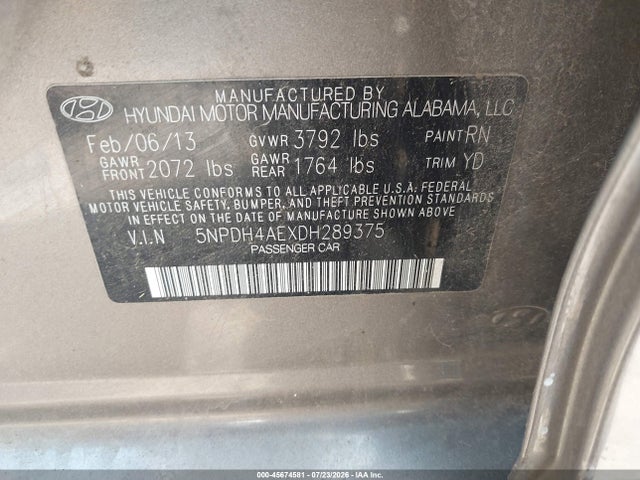 45674581 :رقم المزاد ، 5NPDH4AEXDH289375 vin ، 2013 Hyundai Elantra Limited مزاد بيع