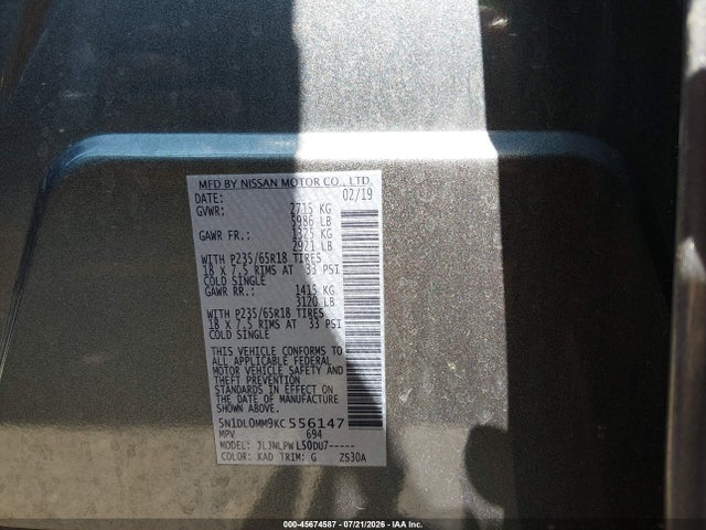 45674587 :رقم المزاد ، 5N1DL0MM9KC556147 vin ، 2019 Infiniti Qx60 Pure مزاد بيع