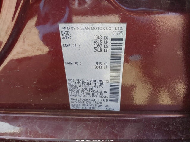 Продажа на аукционе авто 2025 Nissan Altima Sv Fwd, vin: 1N4BL4DV0SN403369, номер лота: 45674594