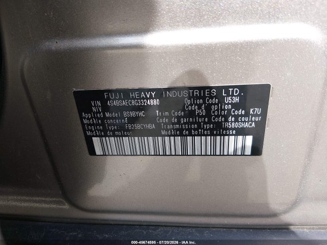Aukcja sprzedaży 2016 Subaru Outback 2.5i Premium, vin: 4S4BSAEC8G3324880, numer aukcji: 45674595
