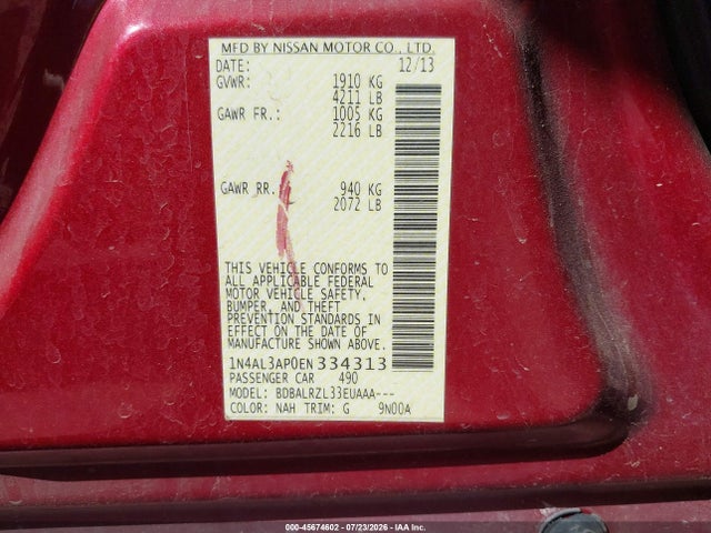 1N4AL3AP0EN334313 Nissan Altima 2.5/2.5 S/2.5 Sl/2.5 Sv