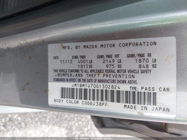 45674622 :رقم المزاد ، JM1BM1U70G1302824 vin ، 2016 Mazda Mazda3 I Sport مزاد بيع