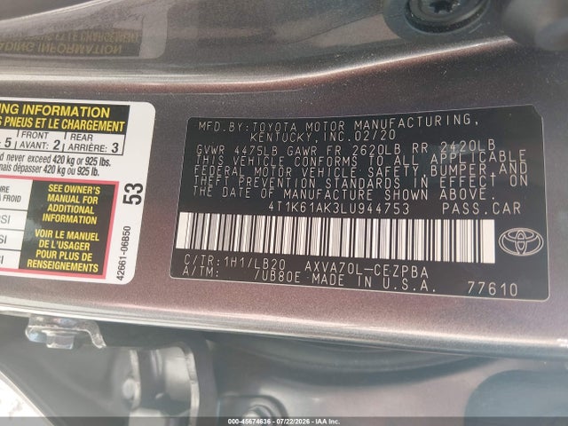 4T1K61AK3LU944753 Toyota CAMRY XSE