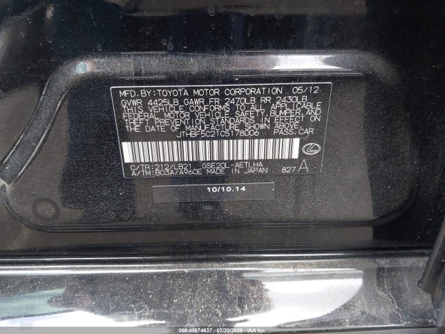 Aukcja sprzedaży 2012 Lexus Is 250, vin: JTHBF5C21C5178006, numer aukcji: 45674637