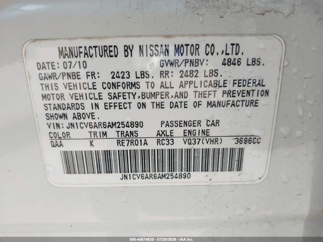 Aukcja sprzedaży 2010 Infiniti G37x, vin: JN1CV6AR6AM254890, numer aukcji: 45674639