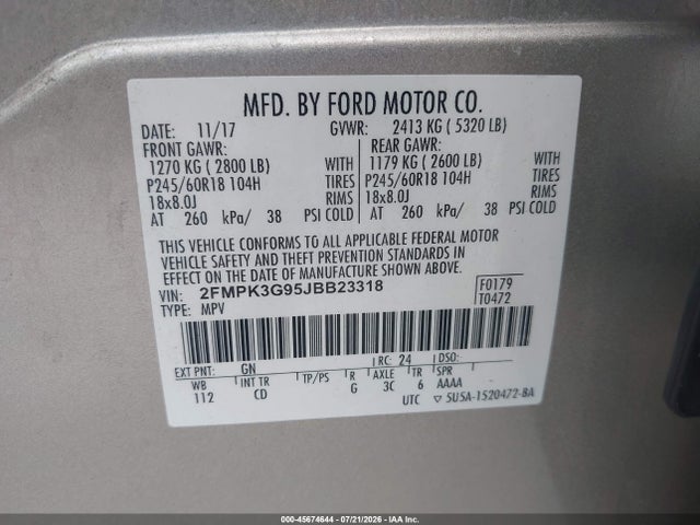 2018 Ford Edge Se მანქანა იყიდება აუქციონზე, vin: 2FMPK3G95JBB23318, აუქციონის ნომერი: 45674644