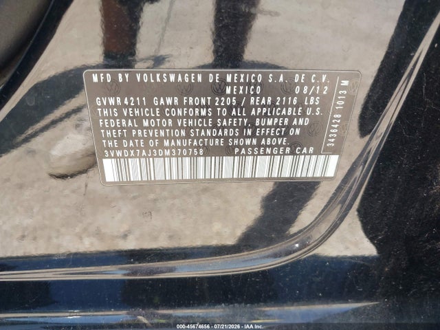 45674656 :رقم المزاد ، 3VWDX7AJ3DM370758 vin ، 2013 Volkswagen Jetta 2.5l Se مزاد بيع