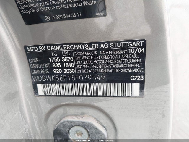 45674659 :رقم المزاد ، WDBWK56F15F039549 vin ، 2005 Mercedes-benz Slk 350 مزاد بيع