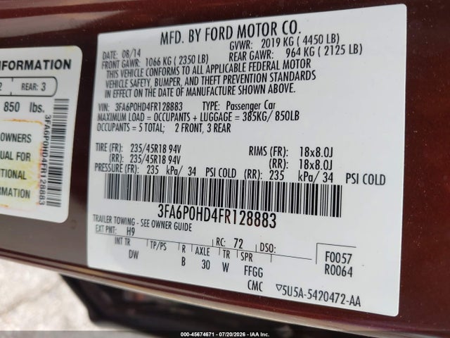 Ford FUSION SE 2015 3FA6P0HD4FR128883 Image 9