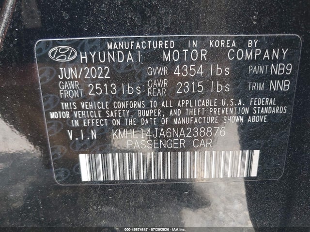 Продаж на аукціоні авто 2022 Hyundai Sonata Sel, vin: KMHL14JA6NA238876, номер лоту: 45674687