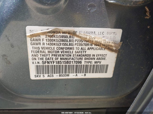 2005 Honda Pilot Ex-l მანქანა იყიდება აუქციონზე, vin: 5FNYF18515B017096, აუქციონის ნომერი: 45674691