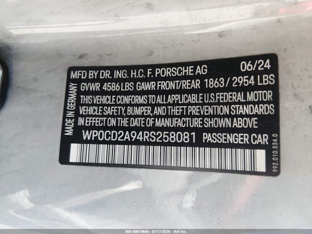 Aukcja sprzedaży 2024 Porsche 911, vin: WP0CD2A94RS258081, numer aukcji: 45674694