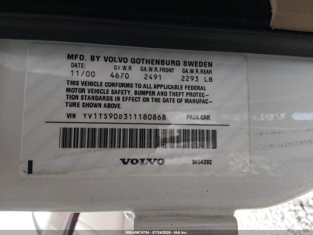 Продаж на аукціоні авто 2001 Volvo S80 T6, vin: YV1TS90D311180868, номер лоту: 45674704