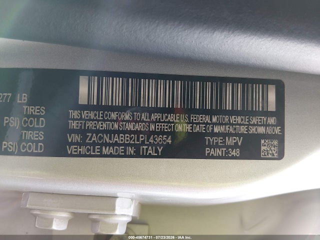 Aukcja sprzedaży 2020 Jeep Renegade Altitude Fwd, vin: ZACNJABB2LPL43654, numer aukcji: 45674731