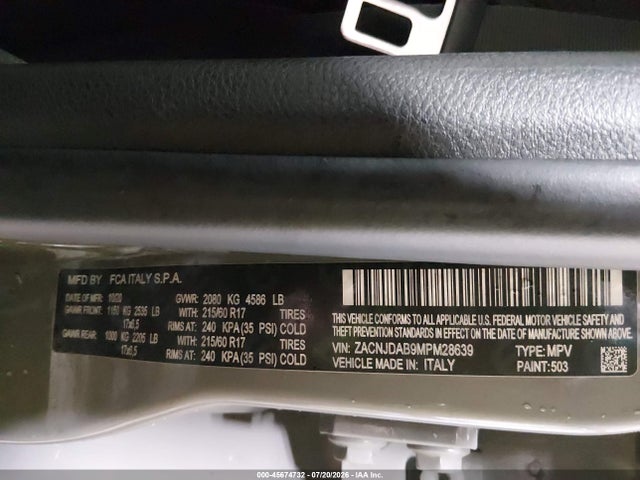 Auction sale of the 2021 Jeep Renegade Upland 4x4, vin: ZACNJDAB9MPM28639, lot number: 45674732