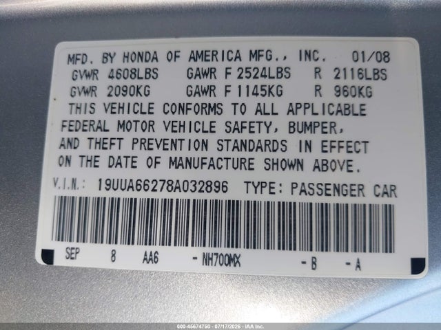 Aukcja sprzedaży 2008 Acura Tl 3.2, vin: 19UUA66278A032896, numer aukcji: 45674750