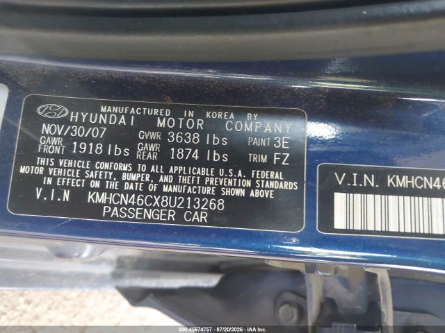 2008 Hyundai Accent Gls მანქანა იყიდება აუქციონზე, vin: KMHCN46CX8U213268, აუქციონის ნომერი: 45674757